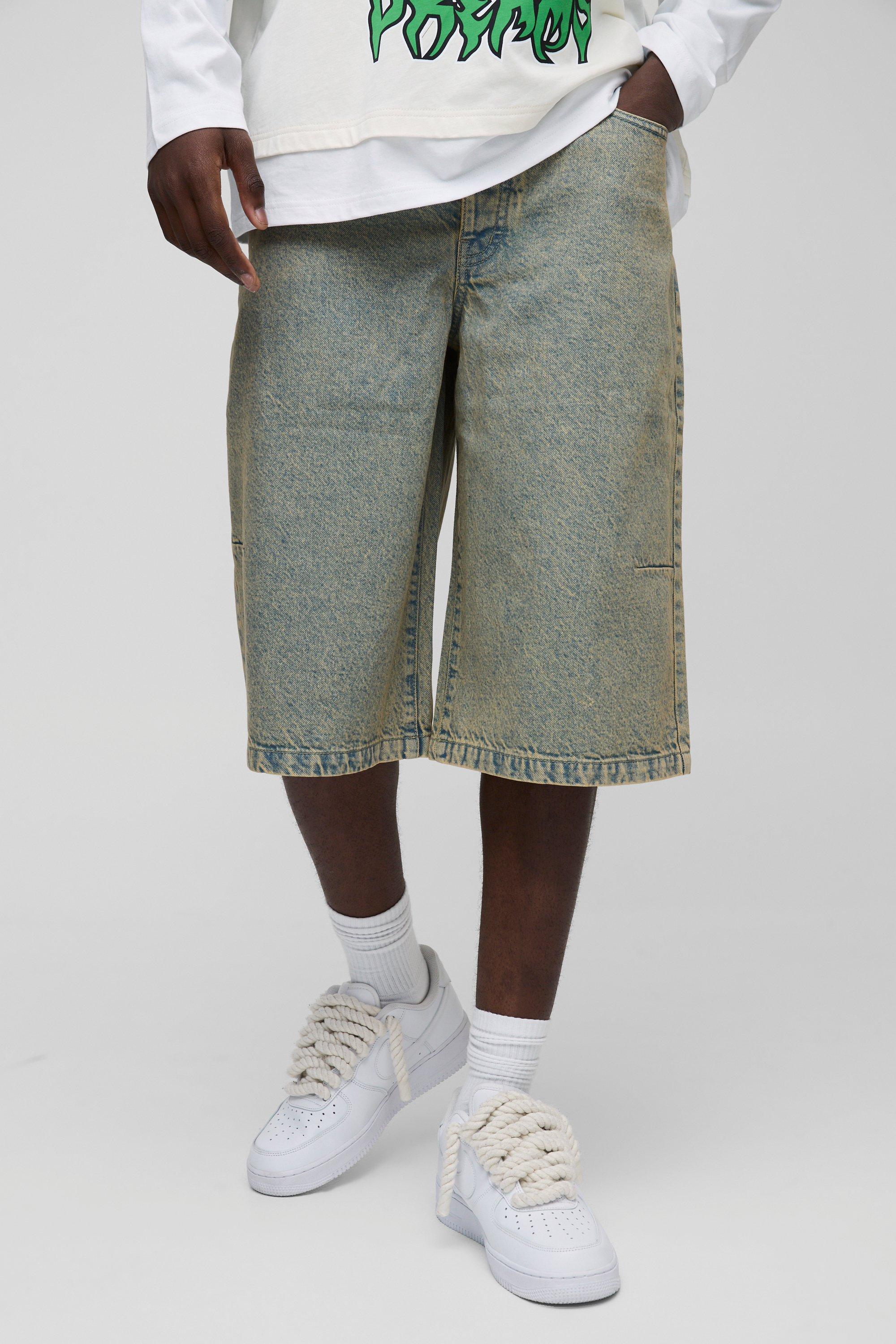 Longline Antique Wash Denim Jorts | boohooMAN USA